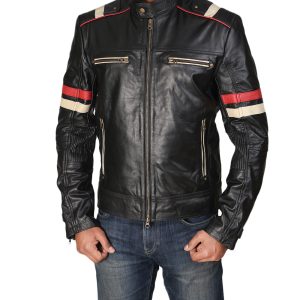 Retro Black Leather Jacket With Red and White Strips